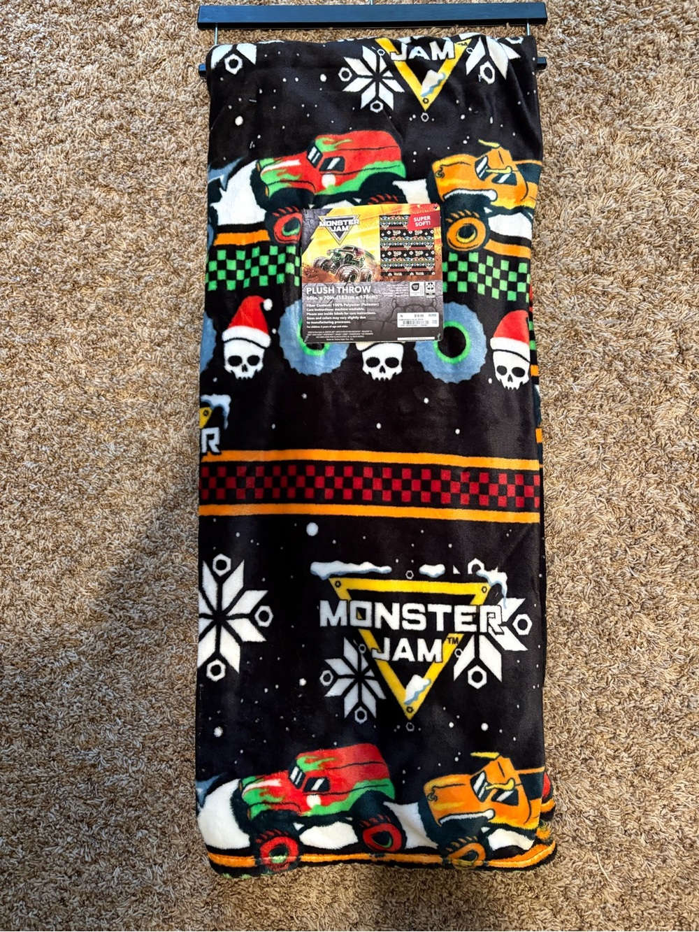 Monster jam Christmas Kids Black Plush Blanket with Monster Truck Print